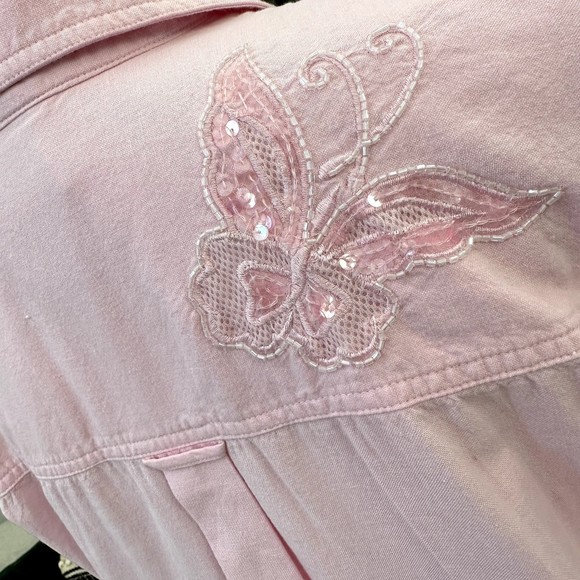 The Quacker Factory Shirt Floral Button Size M Soft Pink Sequin Embroidery Beads - Picture 15 of 15